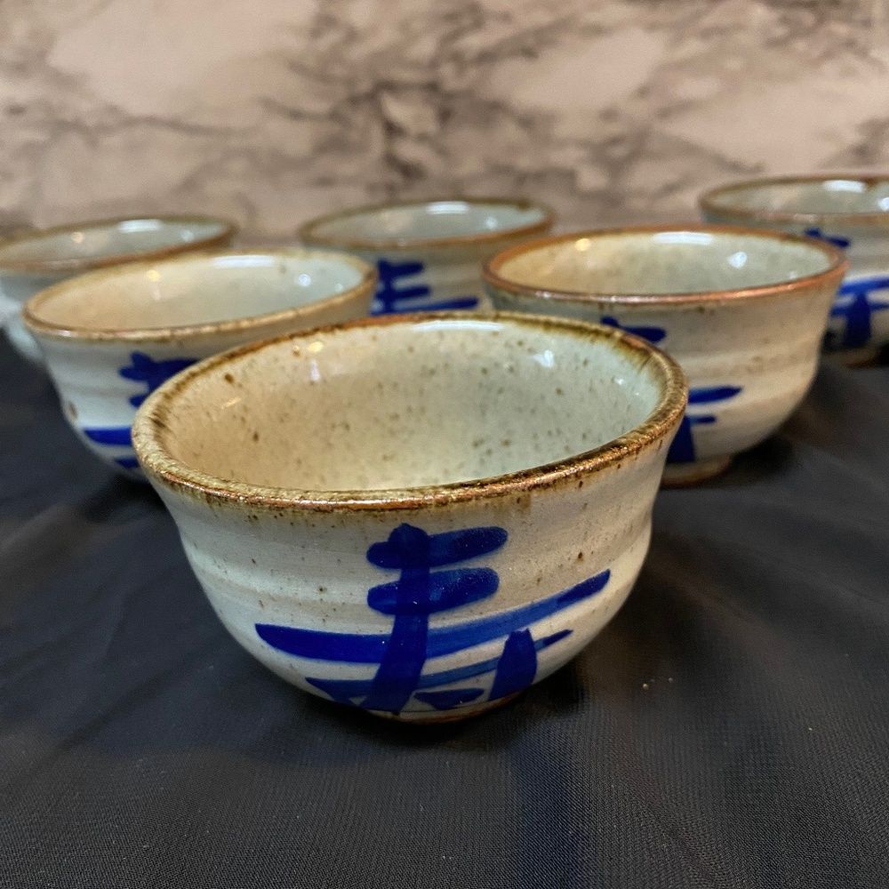 GH six Japanese-style tea bowls chawan raku ware stoneware speckled glaze